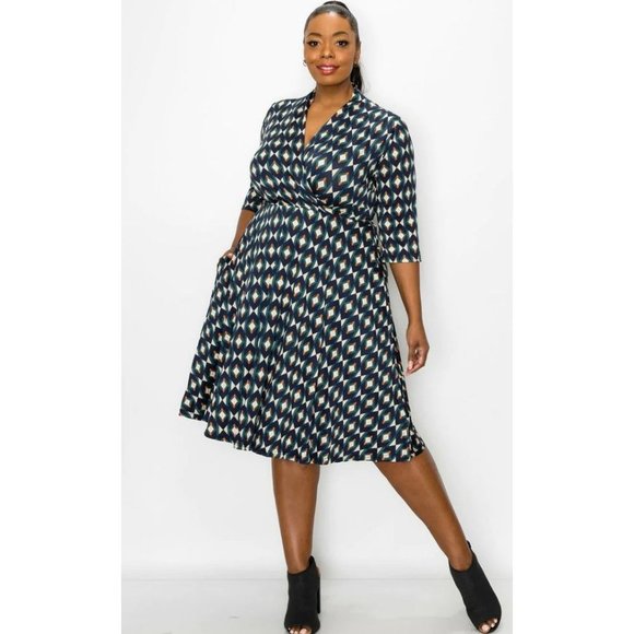 Audrey Whitmore Greenwhich Elbow Sleeve Wrap Dress geometric Print size 2x EUC - Picture 2 of 16